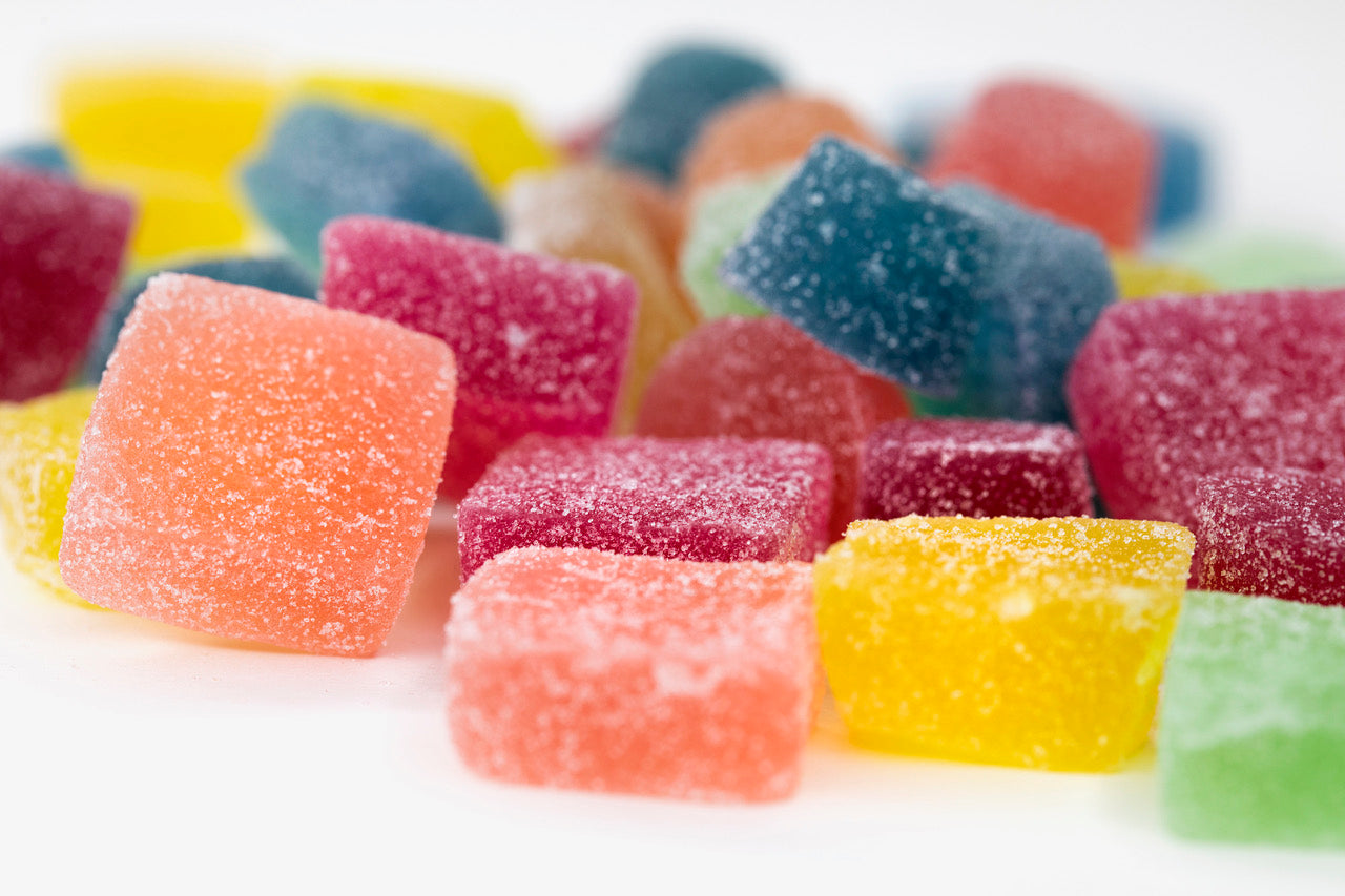 Picture shown is square 5gram gummies of various flavors and colors